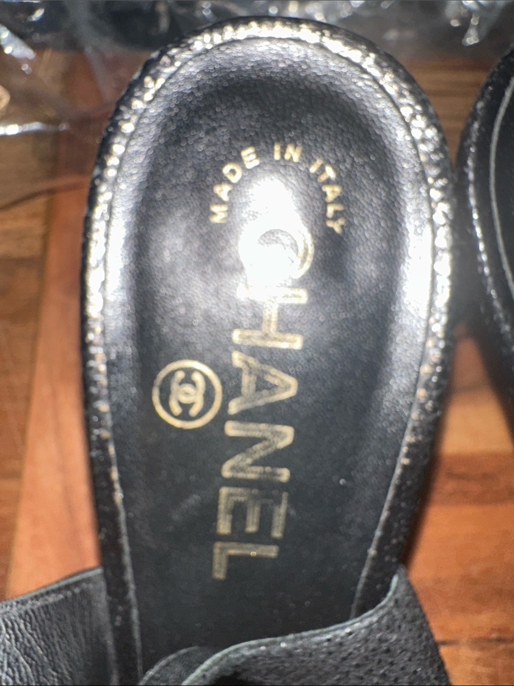 CHANEL Black Slingback Peep-Toe Heels with Gold CC Cap-Toe - Picture 10 of 12